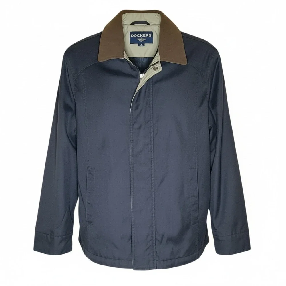 Dockers Men's S Car Coat Jacket Navy Brown Collar Quilted Lined Zip Front Casual